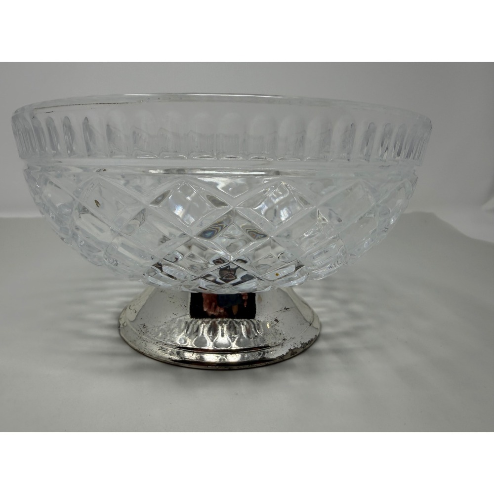 Teleflora Gift Diamond Cut Glass Footed Bowl Silver Plate Base Hong Kong Vintage